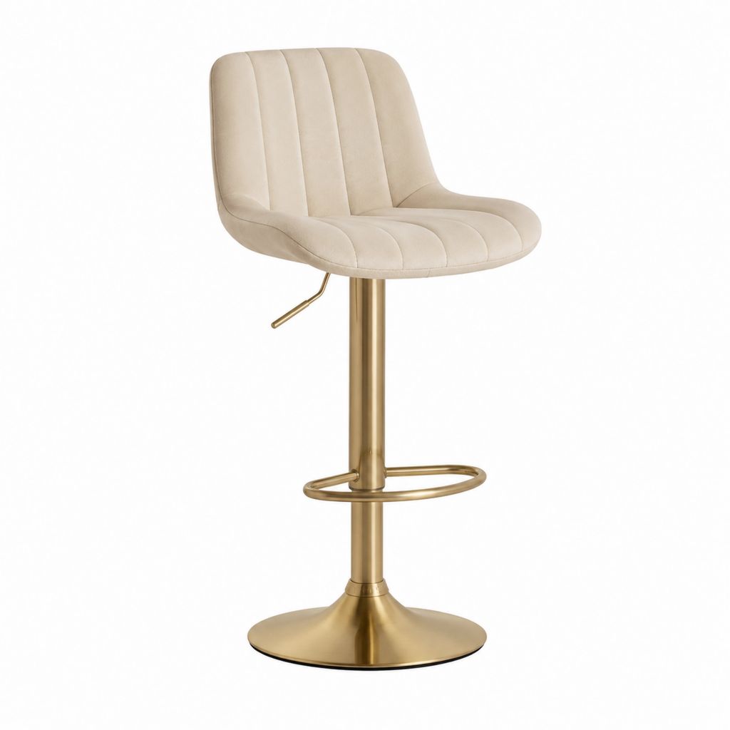 Tabouret de bar réglable beige en polyester et acier doré base ronde 50 x 52 x 92-113 cm