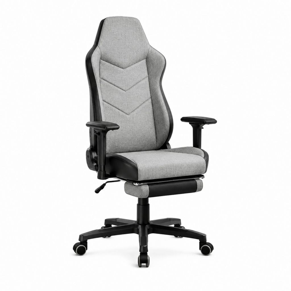 Chaise gaming ergonomique gris et noir en polyester et similicuir PU avec repose-jambes 66 x 66 x 118-128 cm