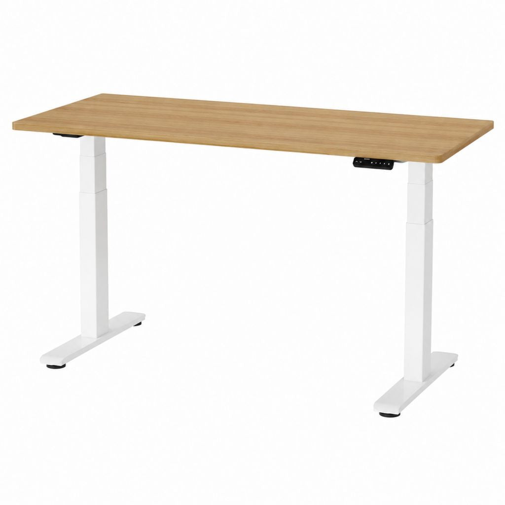 Bureau assis debout électrique chêne clair et acier blanc rectangulaire 140 x 70 cm hauteur réglable 72 à 118 cm
