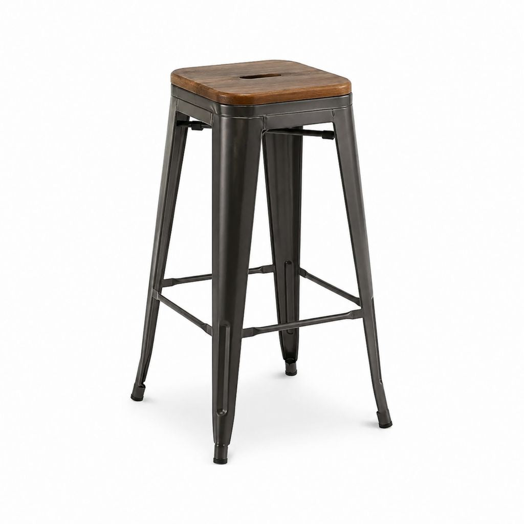 Tabouret de bar industriel noir en acier avec assise en bois massif 43 x 43 x 76 cm