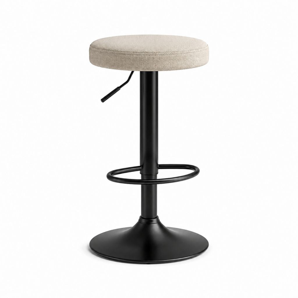 Tabouret de bar réglable beige en polyester et acier noir avec assise ronde Ø 38 cm hauteur 62-84 cm
