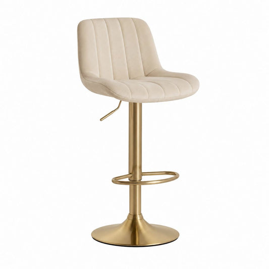 Tabouret de bar réglable beige en polyester et acier doré base ronde 50 x 52 x 92-113 cm