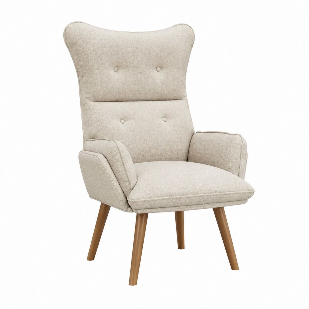 Fauteuil à oreilles beige en polyester avec pieds en bois massif 72 x 78 x 101 cm