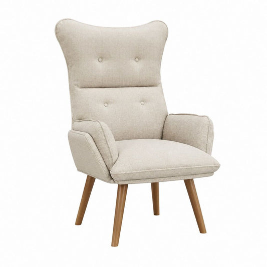 Fauteuil à oreilles beige en polyester avec pieds en bois massif 72 x 78 x 101 cm