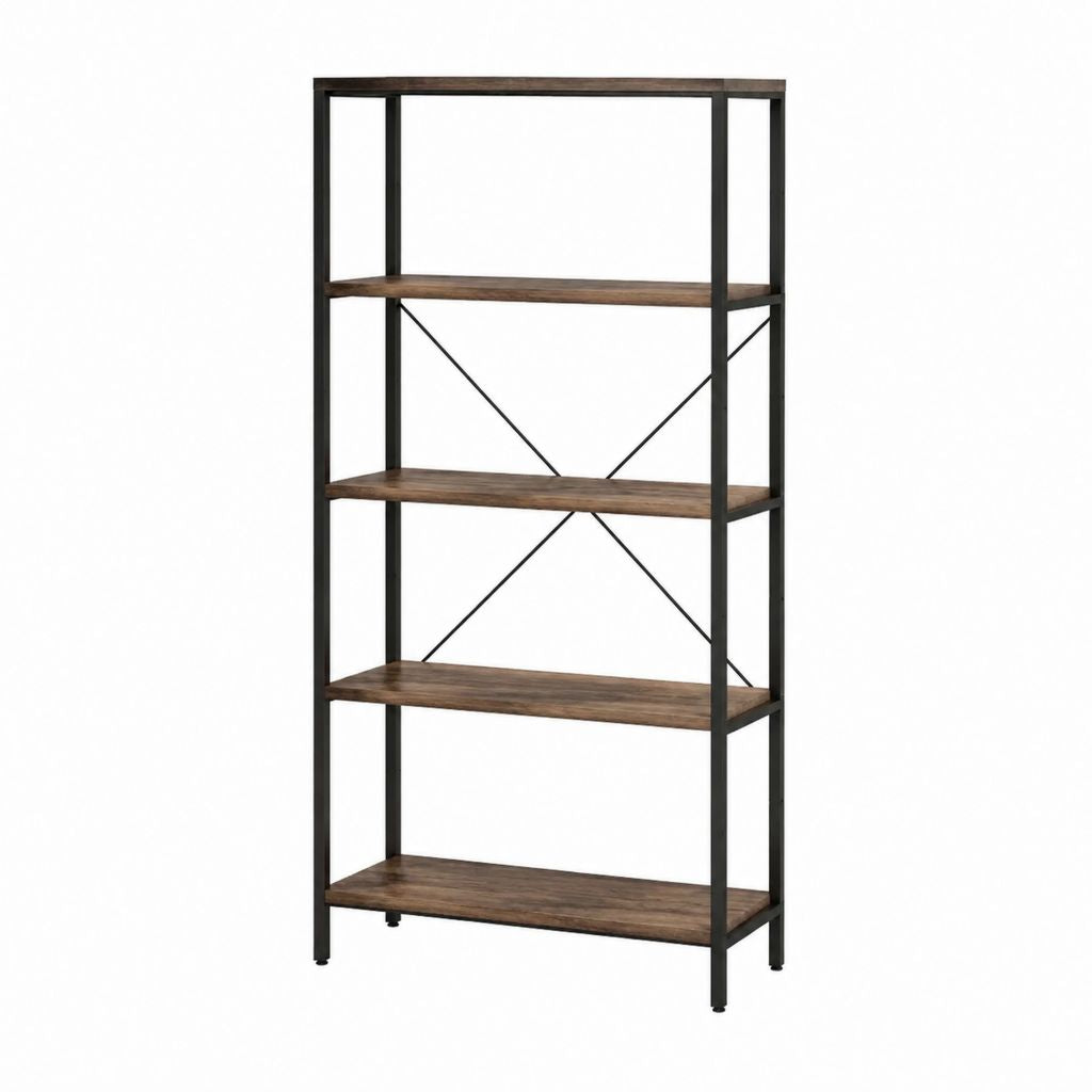 Bibliothèque sur pied 5 étagères marron rustique et noir en panneaux de particules et acier 80 x 30 x 180 cm