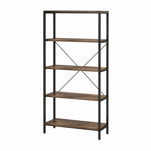 Bibliothèque sur pied 5 étagères marron rustique et noir en panneaux de particules et acier 80 x 30 x 180 cm