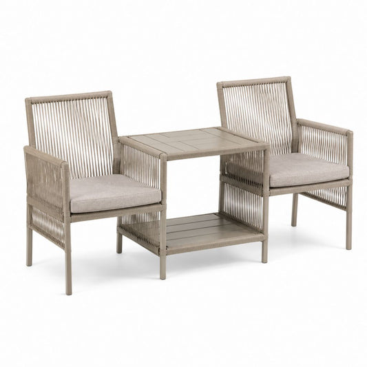 Salon de jardin 2 fauteuils et table d'appoint taupe en aluminium et corde polyester 65 x 70 x 84 cm