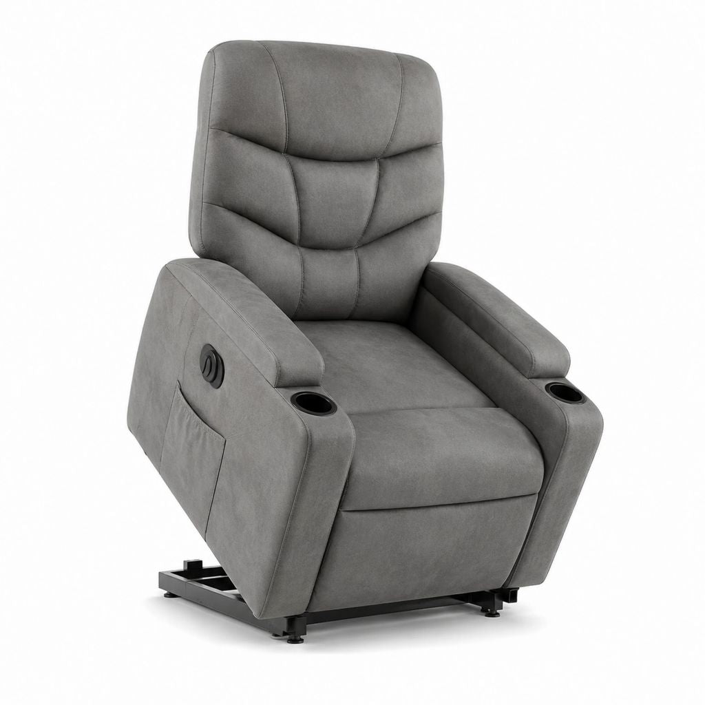 Fauteuil relax inclinable manuel gris en microfibre polyester avec repose-pieds et porte-gobelets 90 x 96 x 104 cm