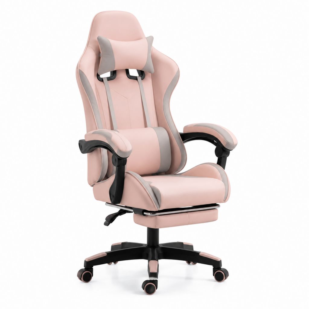 Chaise gaming ergonomique rose et grise en cuir synthétique PU 65 x 65 x 126-136 cm
