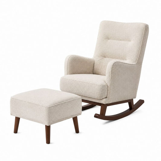 Fauteuil à bascule avec repose-pieds beige en polyester bouclette 68 x 96 x 101 cm