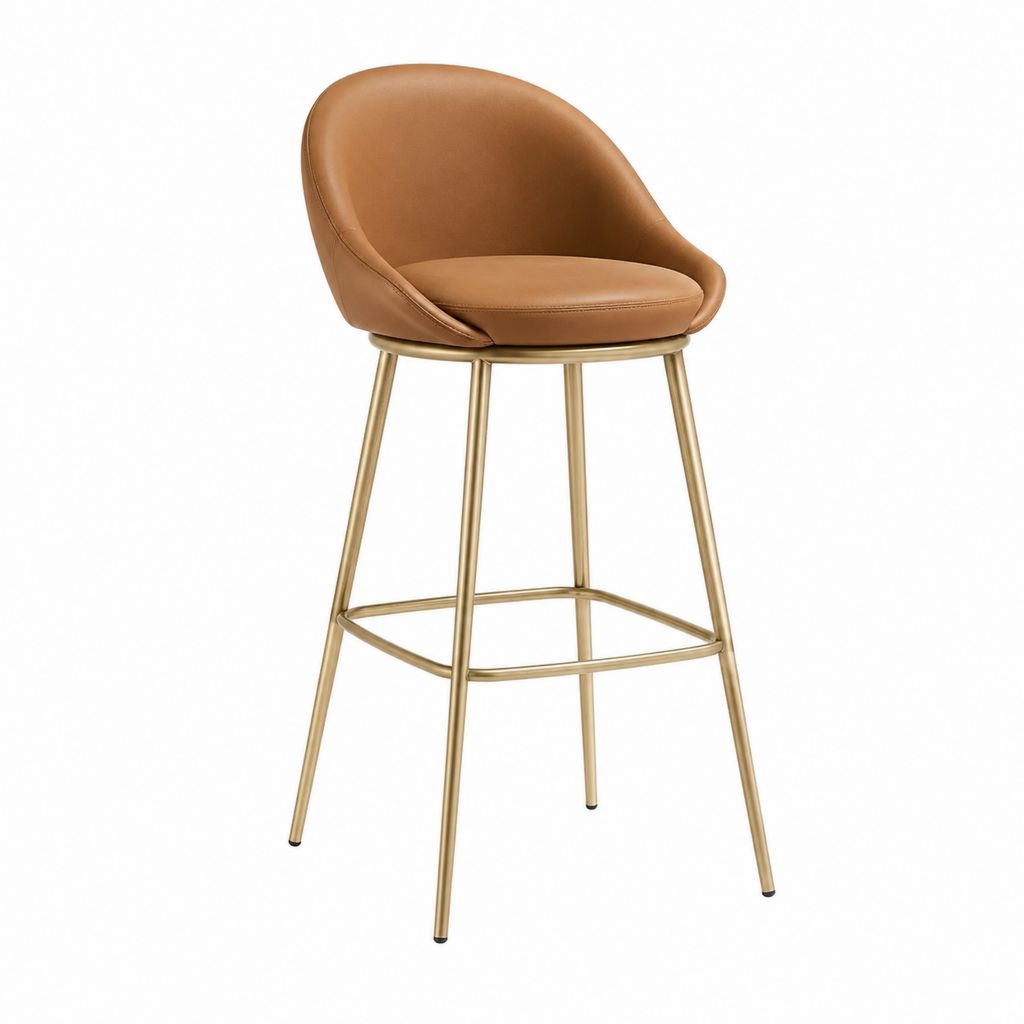 Tabouret de bar fixe cognac en similicuir PU et acier doré 52 x 55 x 105 cm