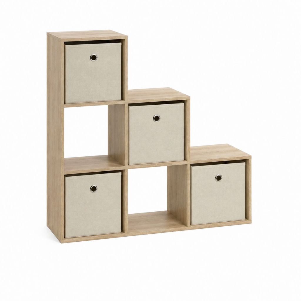 Étagère de rangement escalier beige en panneaux de particules avec 4 bacs en polyester 90 x 30 x 90 cm